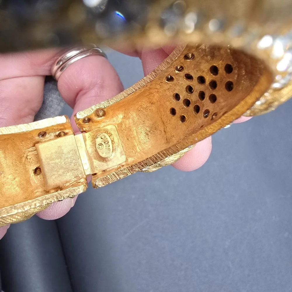 Vintage Cadoro Textured Gold Tone Wide Metal Bangle Bracelet Rhinestone Hinged